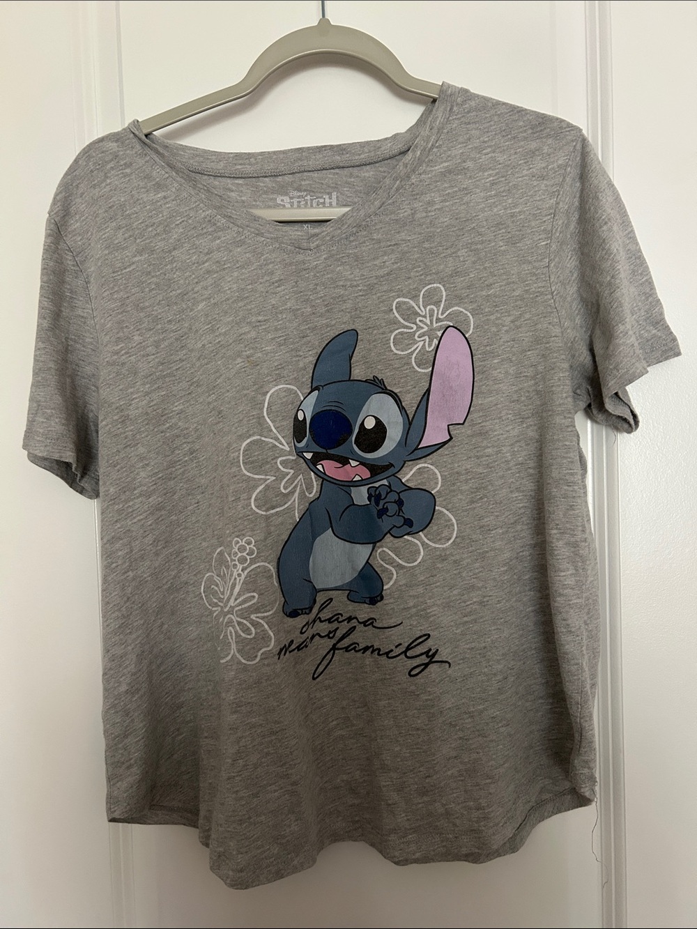 Disney Gray Tee with Blue & Pink Stitch Graphic - 'Ohana' Accent